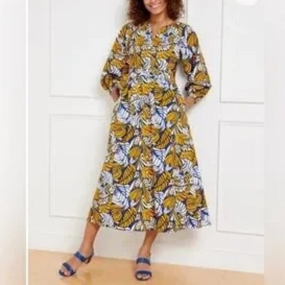 Talbots Dresses & Skirts - Talbots Tropical Leaf Poplin Shirt Dress Fit & Flare Midi with Pockets Size 8